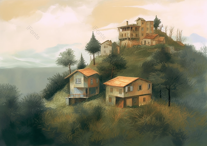 山中的房屋自然风景油画,插画/手绘图,插画/手绘图库,插画/手绘图下载,插画/手绘